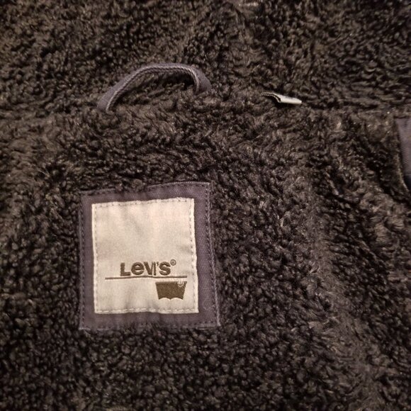 Levi's Women Navy Hooded Jacket Cotton Medium Sherpa Interior Parka Coat Anorak - Picture 2 of 10